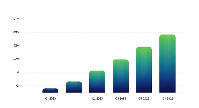 Financial bar chart showing quarterly growth, business revenue data visualization, blue and green gradient column graph for annual reports