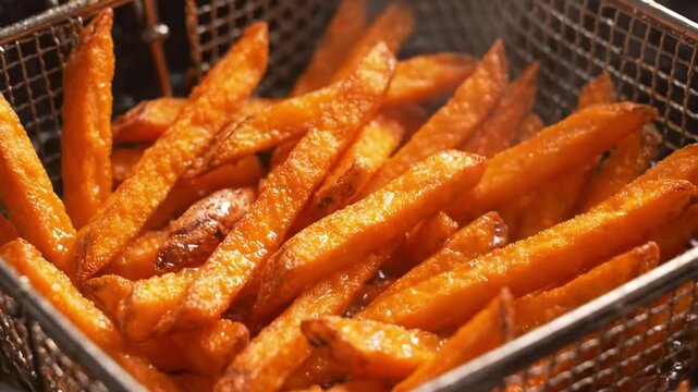 Sweet potato fries frying in hot oil in metal basket