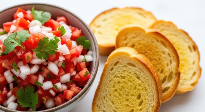 Vibrant homemade pico de gallo salsa with ripe tomatoes, onions, and cilantro served in a bowl alongside golden crispy toasted bread slices, lunch, kitchen, top view