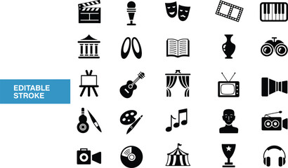 Black Solid Entertainment and Arts Icons Set Featuring Music, Theater, Cinema, and Performance Elements © DolanAktar