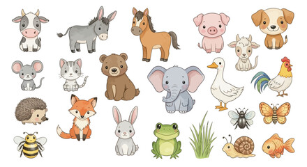 Fototapeta premium Cute Farm Animals and Wildlife Collection - Watercolor Style, Isolated