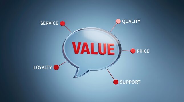 Business value concept diagram featuring a glass speech bubble with red text surrounded by service quality price support and loyalty labels on a smooth blue background