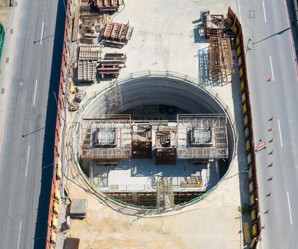 Aerial View of Urban Highway Construction Shaft