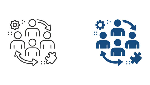 Teamwork and puzzle piece connection icon set featuring people with gear and jigsaw elements representing collaborative effort and strategic organizational integration in a vector graphic style