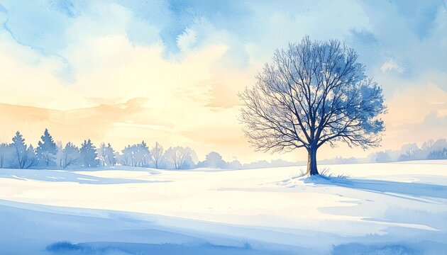遠景の一本木と雪原の静寂な冬水彩背景3