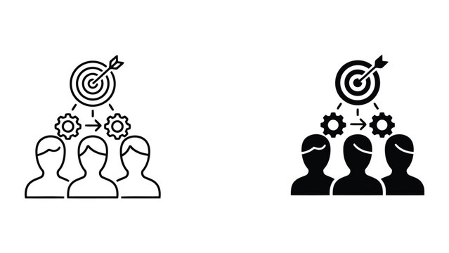 Target achievement and team strategy alignment icon set showing three people working with gears and a bullseye target for business goals and professional goal setting and corporate performance