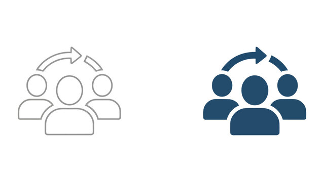 Team communication and cyclical feedback icons with people and rotating arrows in professional blue vector graphic style for business collaboration and agile workflow concepts