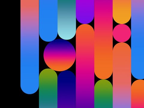 Colorful Shapes and Lines in Bright Patterns on Black Background