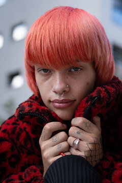 Edgy Gen Z Guy with Orange Mullet in Red Leopard Print Fur Coat