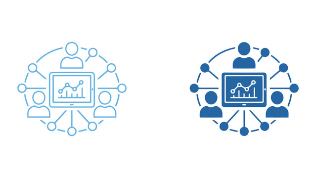 Data analysis and team networking icons showing people connected to digital charts on tablets in professional blue line art and solid vector style for business intelligence concepts