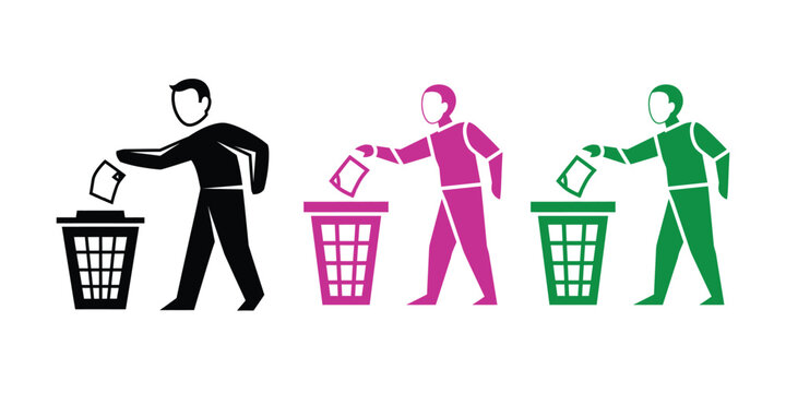 Colorful people throwing papers into trash cans icons set