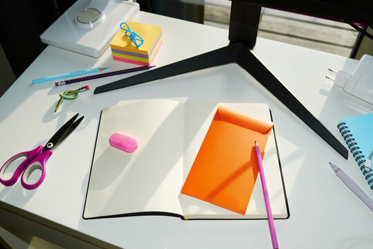 Bright workspace with colorful tools for writing