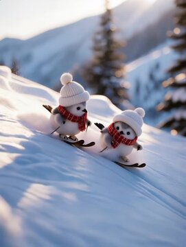 Friendly long-tailed tits enjoying skiing　スキーを楽しむ仲良しシマエナガ
