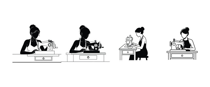Women using sewing machines in different positions and outfits at work