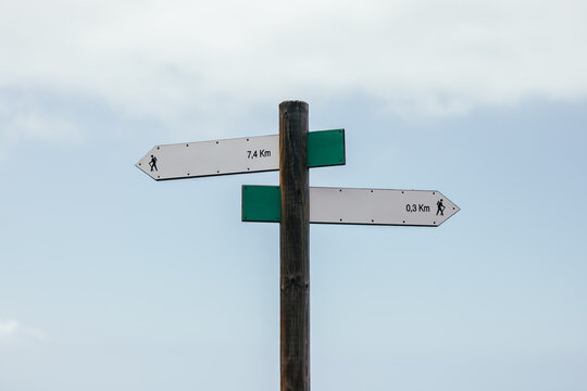 Hiking trail signpost with distances