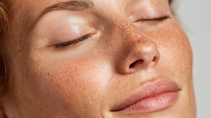 Fototapeta premium Close up portrait of woman face with freckles and closed eyes.