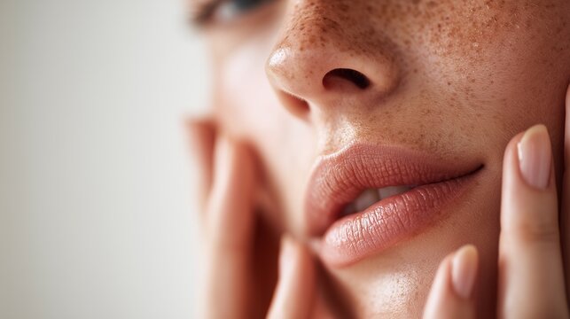 Macro close up of young woman face with natural freckles.