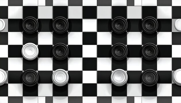 Checkers pieces arranged on a checkerboard with alternating black and white squares, overhead view, symmetrically aligned