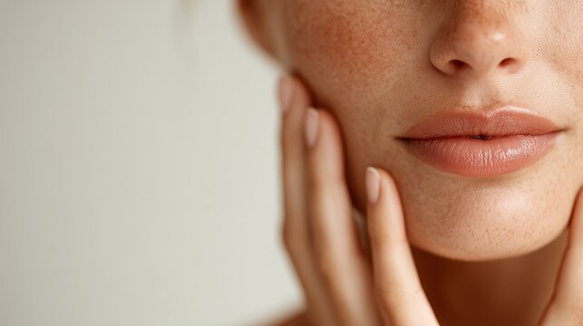 Close up of woman touching her healthy clean cheek skin.