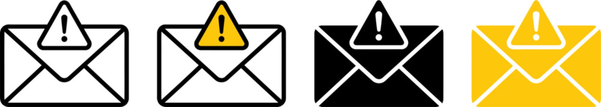 Warning signs on envelopes icons in different colors and styles