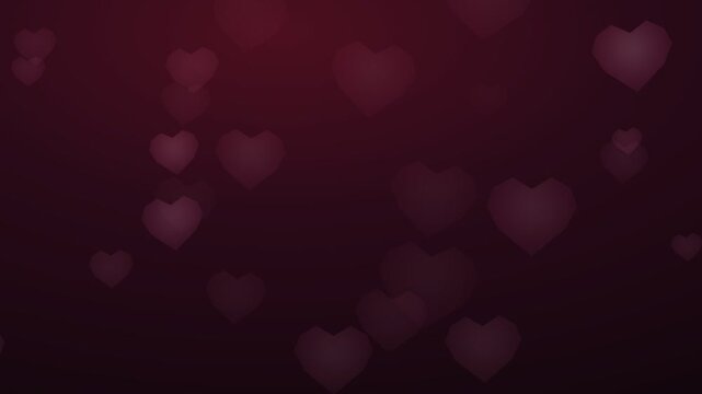 Polygonal red hearts floating on a dark maroon background