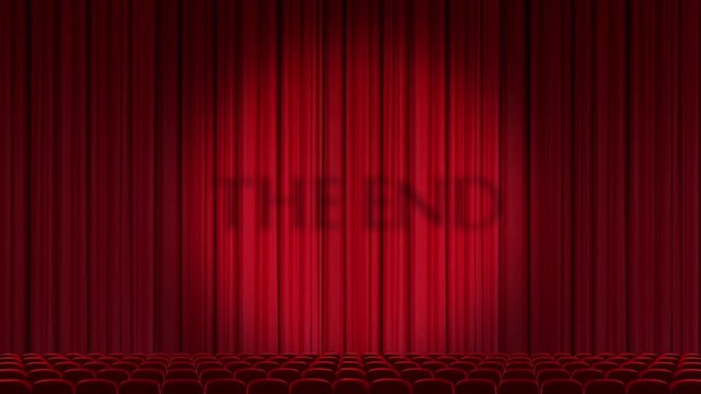 4K Elegant Red Theater Curtain Covering Chroma Key Screen with Spotlight Revealing The End Text Above Empty Cinema Seats, Cinematic Finale Animation for Film and Broadcast Projects