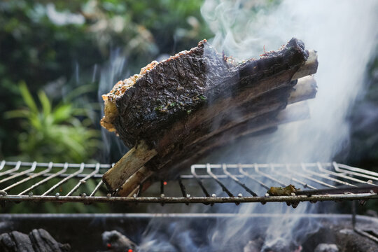 Sizzling Meat Grilling Over Hot Coals in grill
