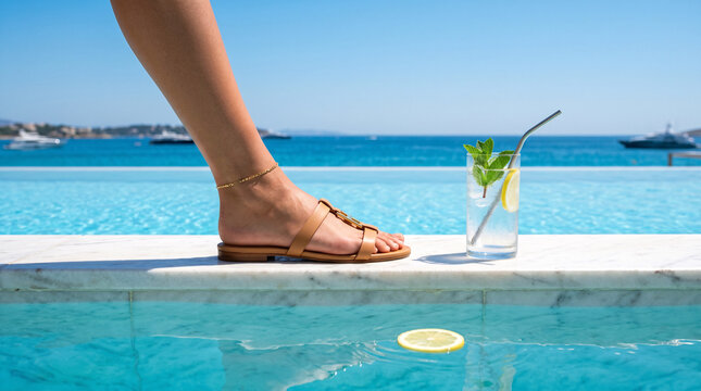 Pieds au bord d&rsquo;une piscine avec vue sur la mer dans une ambiance estivale