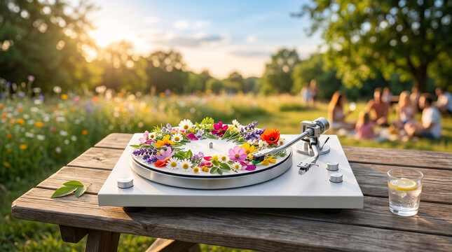 Platine Vinyle De DJ D&eacute;cor&eacute;e De Fleurs Color&eacute;es En Plein Air