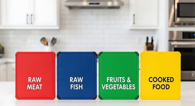 Set of four colorful plastic cutting boards for different food types in a modern kitchen