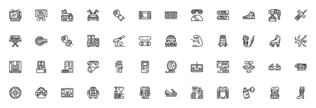 Eighties icon set. Minimal line icons pack. Vector illustration. Featuring television, cassette, game console, car, VHS, sunglasses, skateboard, floppy disk, arcade, walkman and more.