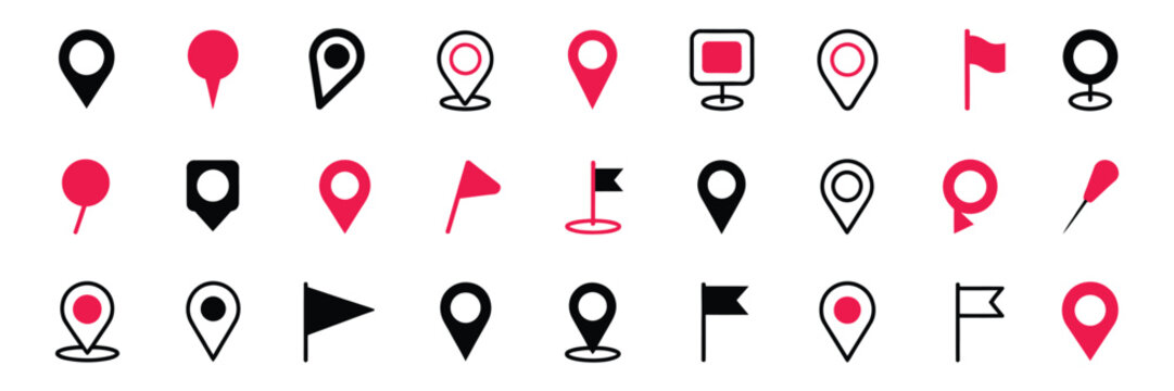 Location mark icon set with modern map markers, destination pointers, and navigation symbols for GPS applications and vector illustration projects.