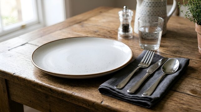 Rustic table setting with a plate, cutlery, and water glass