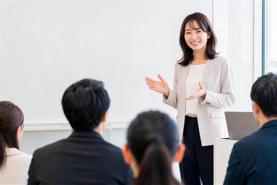 明るい会議室で参加者に説明する女性ビジネス講師