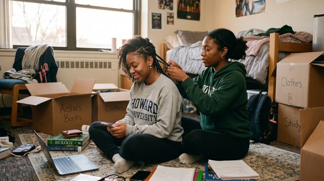 Smiling Black college friends braid hair while settling into university dorm room.