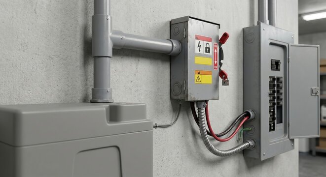 Electrical conduit safety disconnect and circuit breaker panel on industrial wall with wiring