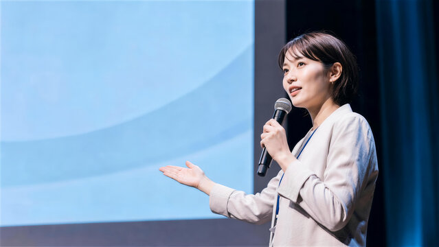マイクを持ってスクリーン前で説明する女性ビジネス講師