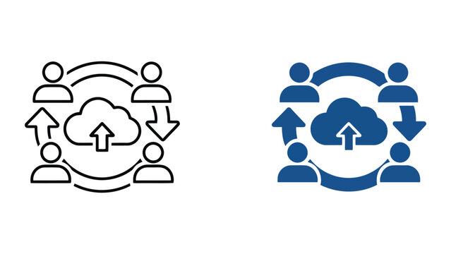 Cloud data synchronization and collaborative team network icon set depicting secure file sharing and cloud storage integration for streamlined corporate workflows and digital communication