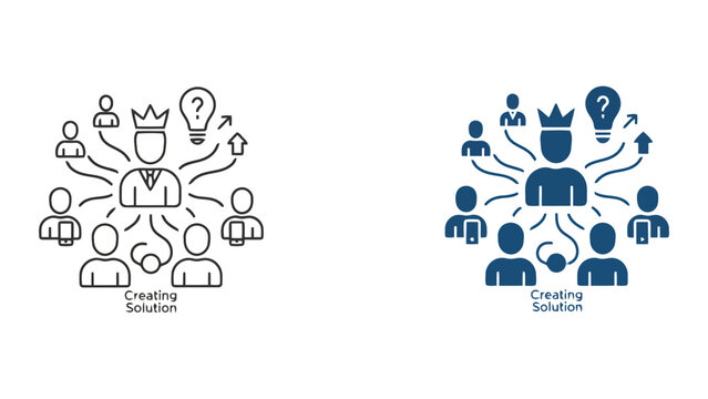 Leadership and creative solution development icon set depicting a central team leader with lightbulb representing innovation and collaborative problem solving for efficient business management