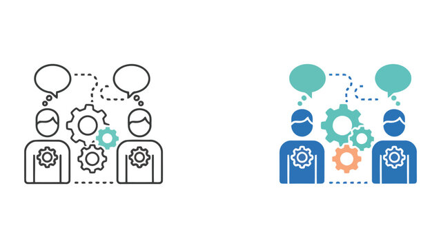Collaborative workforce development and team synergy icon set with gear and speech bubble designs for corporate training and internal business communication and management strategy concepts