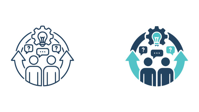Team problem solving and innovation cycle icon set as vector illustration showing speech bubbles and gears for collaborative research and strategic business development process