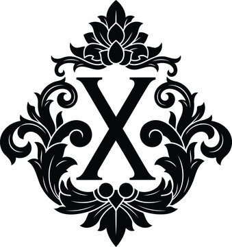 Decorative letter x vector monogram with classic floral scrollwork frame