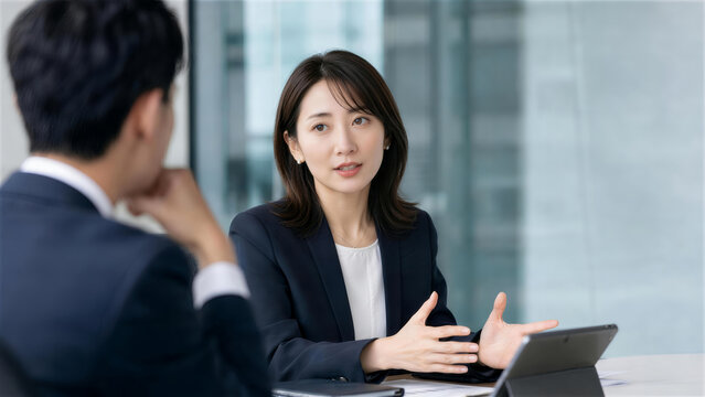 会議室でタブレットを使い説明する日本人女性ビジネスパーソン