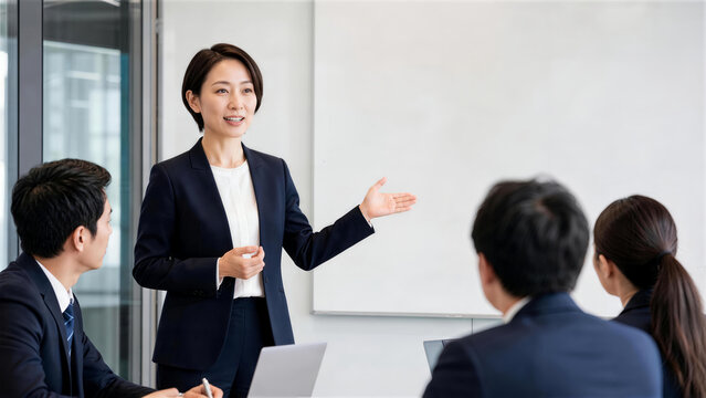 会議室で参加者に資料を説明する女性ビジネスリーダー