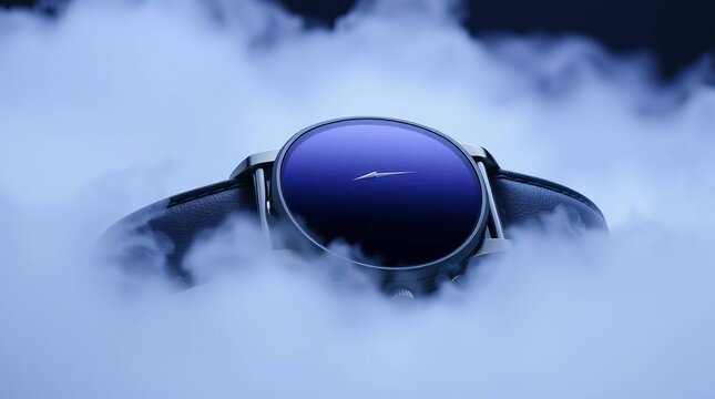 ​A sleek, modern luxury smartwatch with a clean, dark face and leather strap, elegantly emerging from a thick layer of blue-toned atmospheric fog.