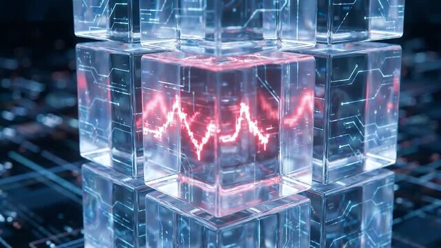Cybersecurity risk management with transparent cubes and digital data flow representing secure technology and glowing red waveform for protection