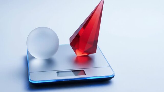 Digital scale with geometric shapes and abstract glass sphere pyramid balance illustrating cybersecurity risk management for secure digital