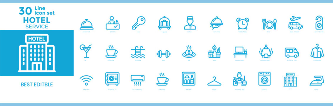 Building amenities line icon set featuring real estate apartment gym, hotel service pool, secure parking garage, and elevator facility, Hotel service icon set 30 line icons for hospitality and tourism