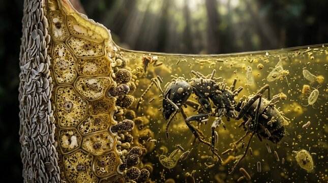 Close-up of an ant navigating a microscopic world of cells and microorganisms.