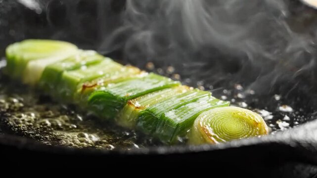 Sizzling leek segments cooking in a cast iron pan with steam